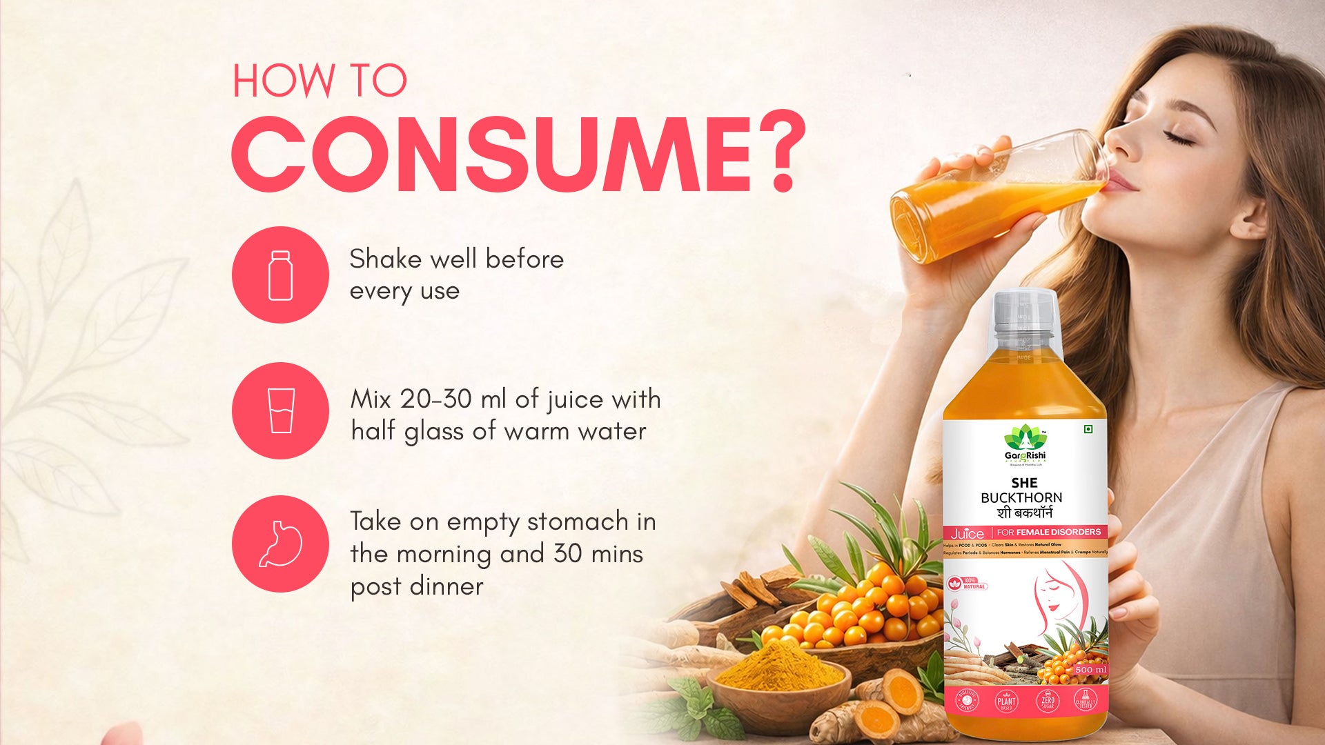 She Buckthorn Juice – Natural Support for PCOD, PCOS & Regular Period Cycle Banner 3