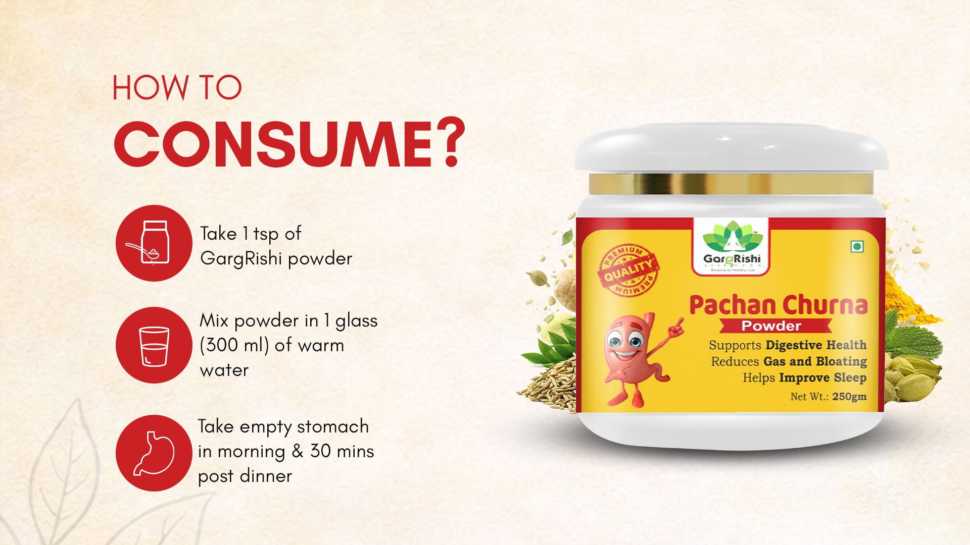 Gargrishi Ayurveda's Pachan Churna | 250g – Powerful Ayurvedic Digestive Remedy for Gas, Bloating, Acidity & Constipation | Natural Herbal Formula for Gut Health, Better Digestion & Restful Sleep Banner 3