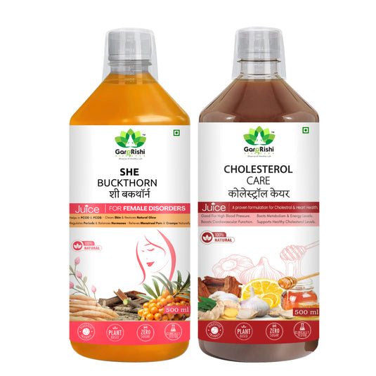 SHE Buckthorn Juice & Cholesterol Care Juice Combo (500ml + 500ml) | Supports PCOD, PCOS & Balances Cholesterol and Boost Heart Health